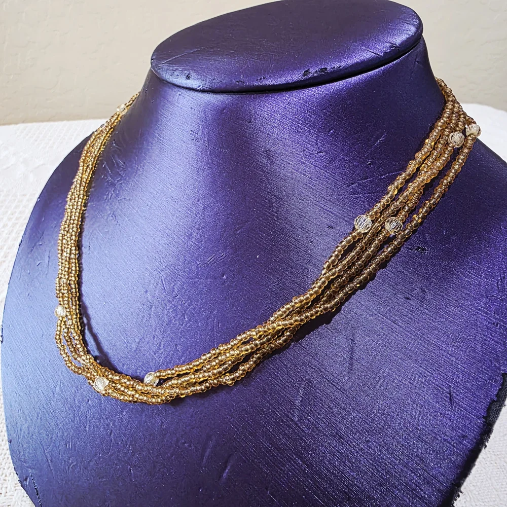 Vintage Glass Bead Beaded Amber Orange Gold White 4 Strand Layered Necklace